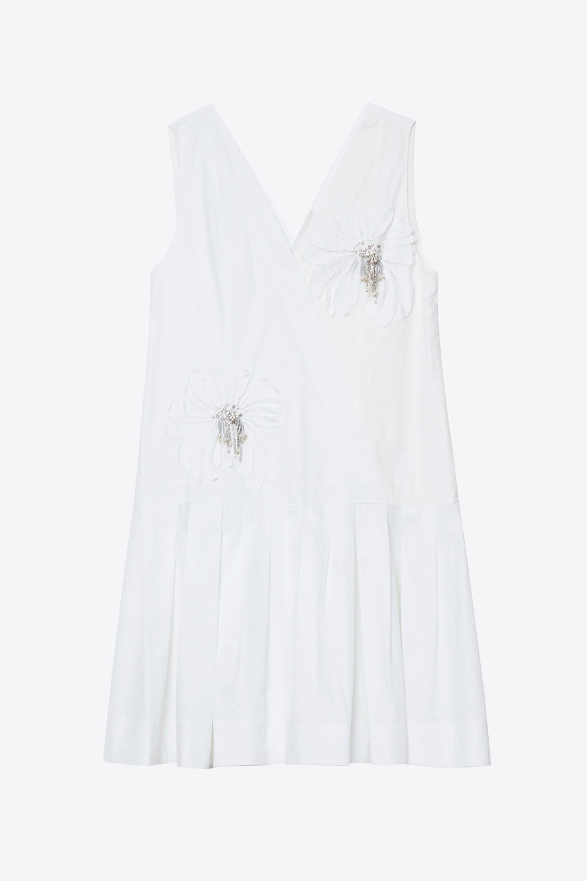 Draped Tank Dress with Floral Appliqué White