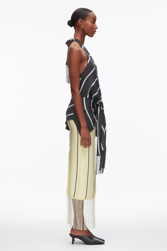 Draped Stripe Halter Top with Fringe Slate Multi