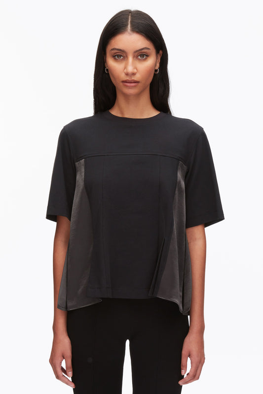 Puff Sleeve Flounce T-Shirt with Satin Panels Black-Slate