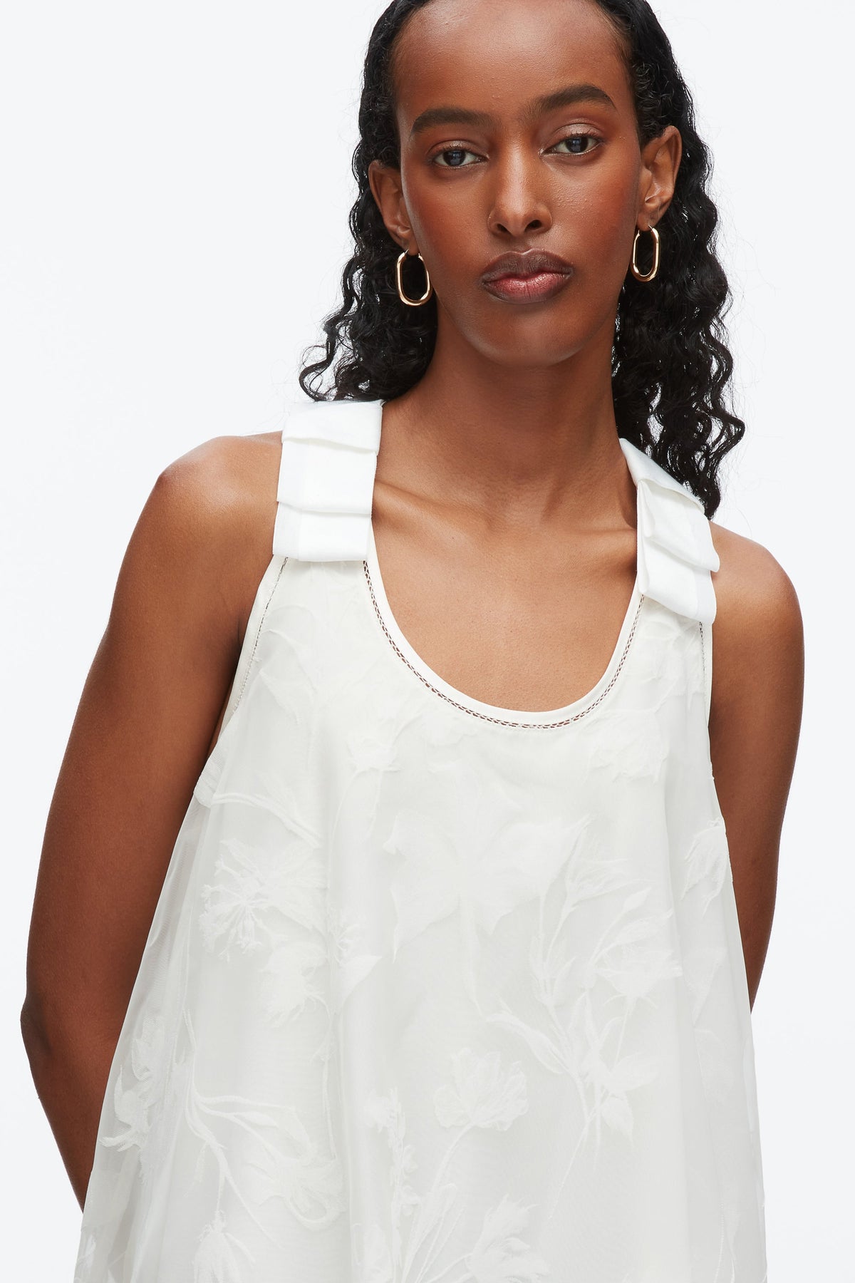 Flocked Organza Trapeze Dress White