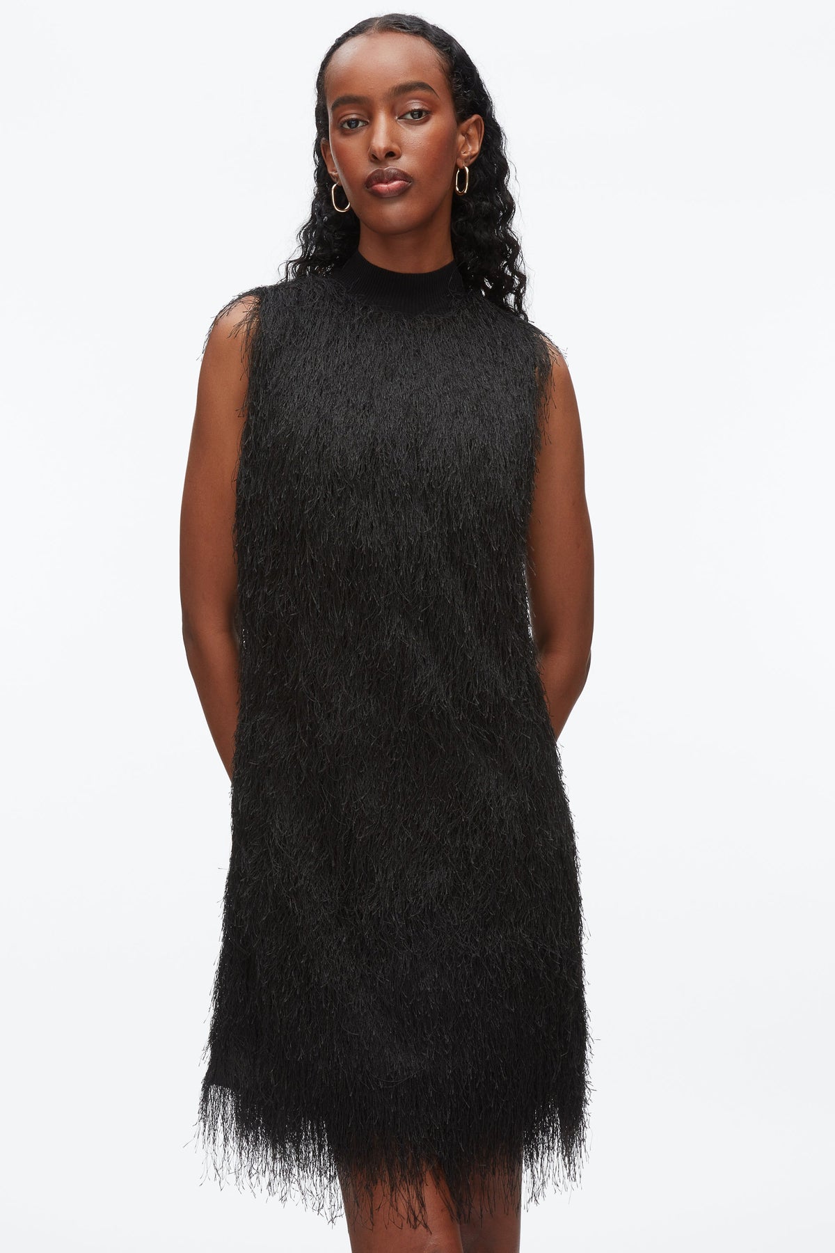 Fringe Mock Neck Shift Dress Black