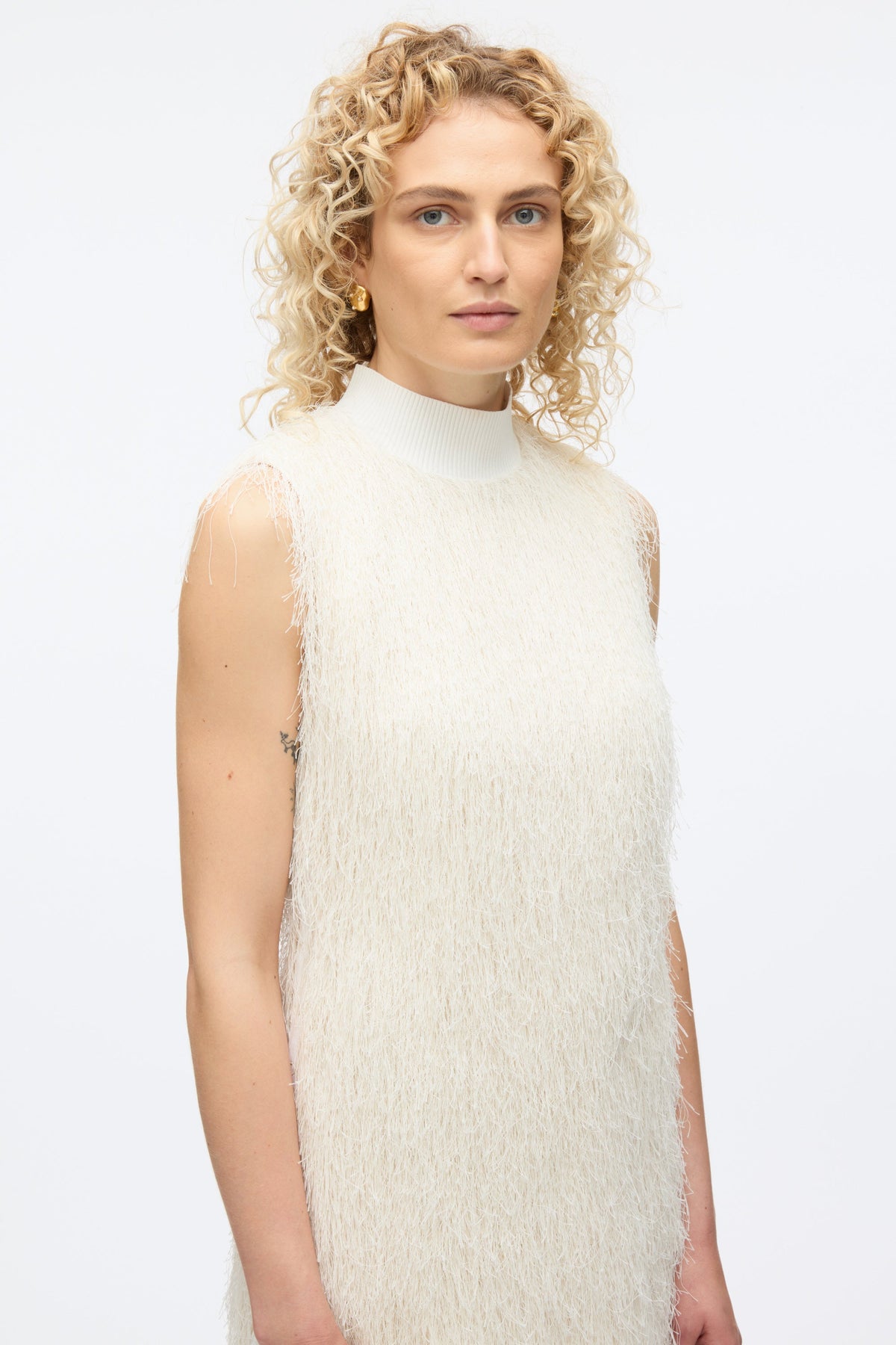 Fringe Mock Neck Shift Dress Ivory