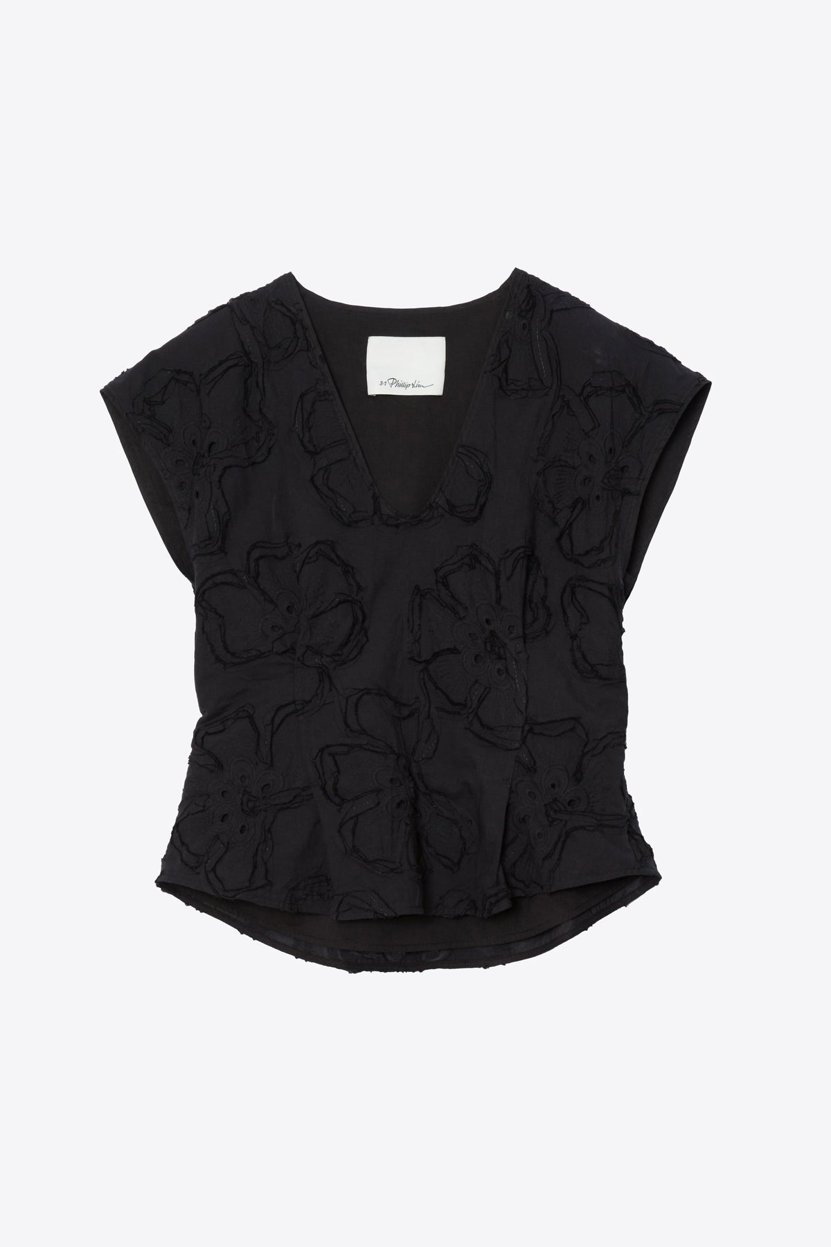 Embroidered Cap Sleeve Top Black
