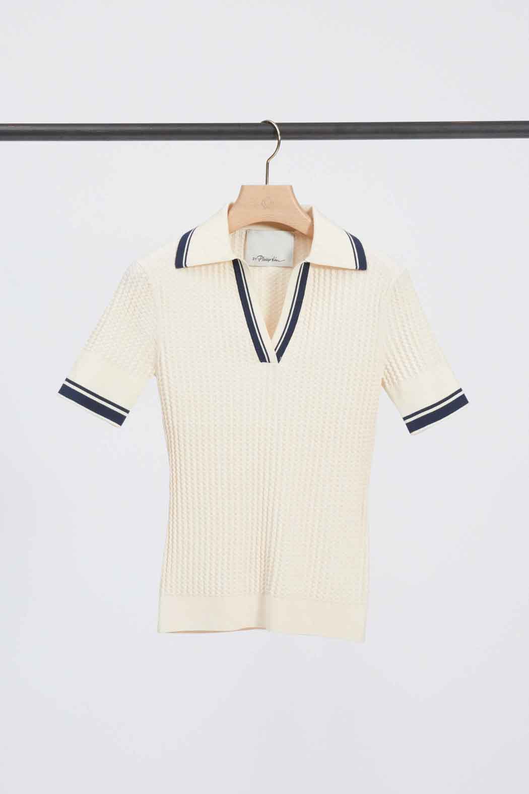 Textured Rib Fitted Polo Ecru-Navy