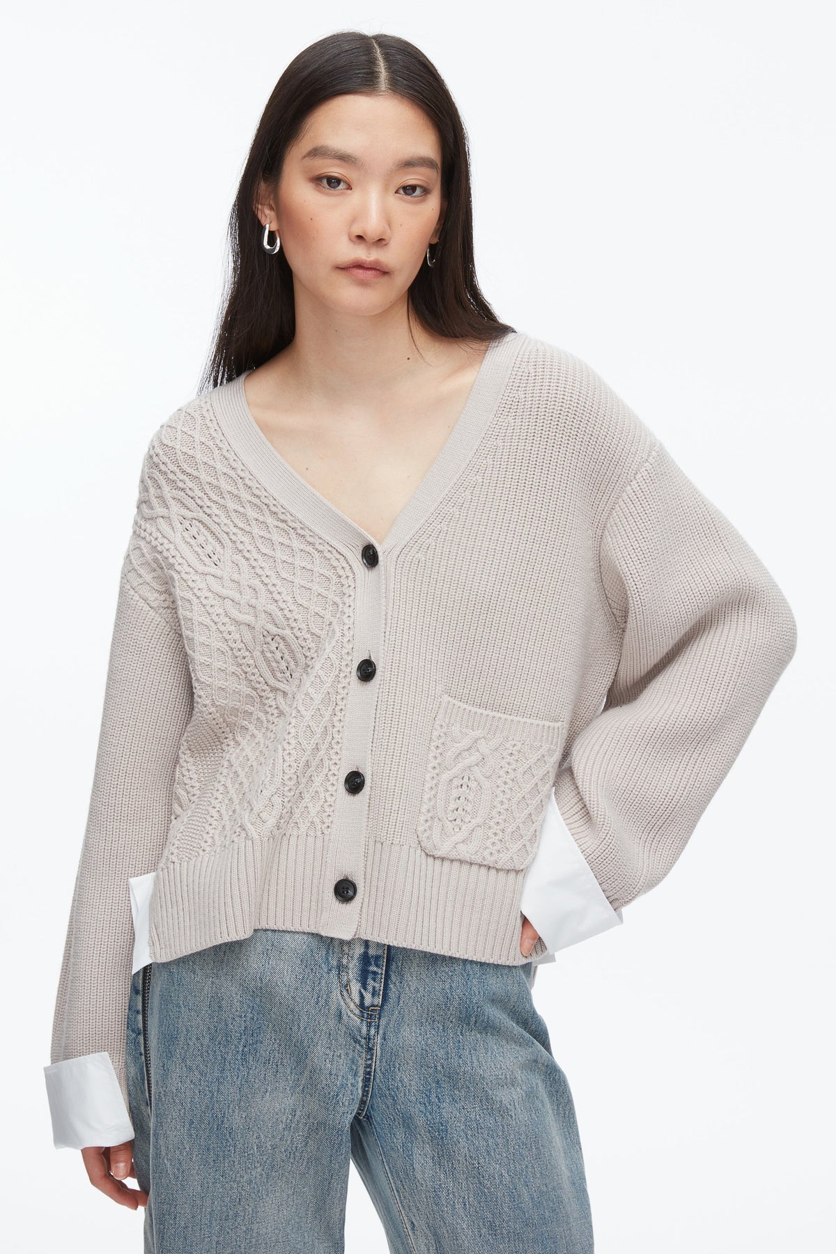 Cable Mix Boyfriend Cardigan Oyster