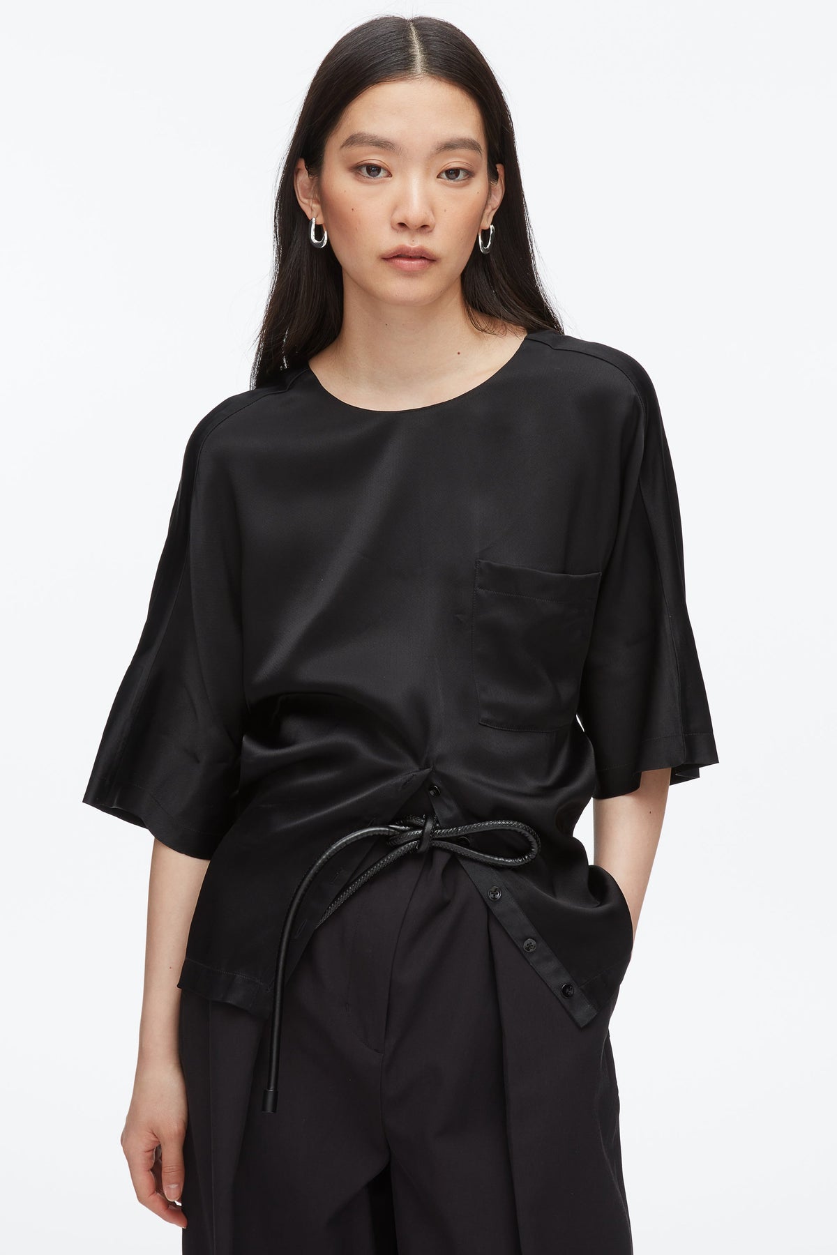 Short Sleeve Top with Button Placket Black