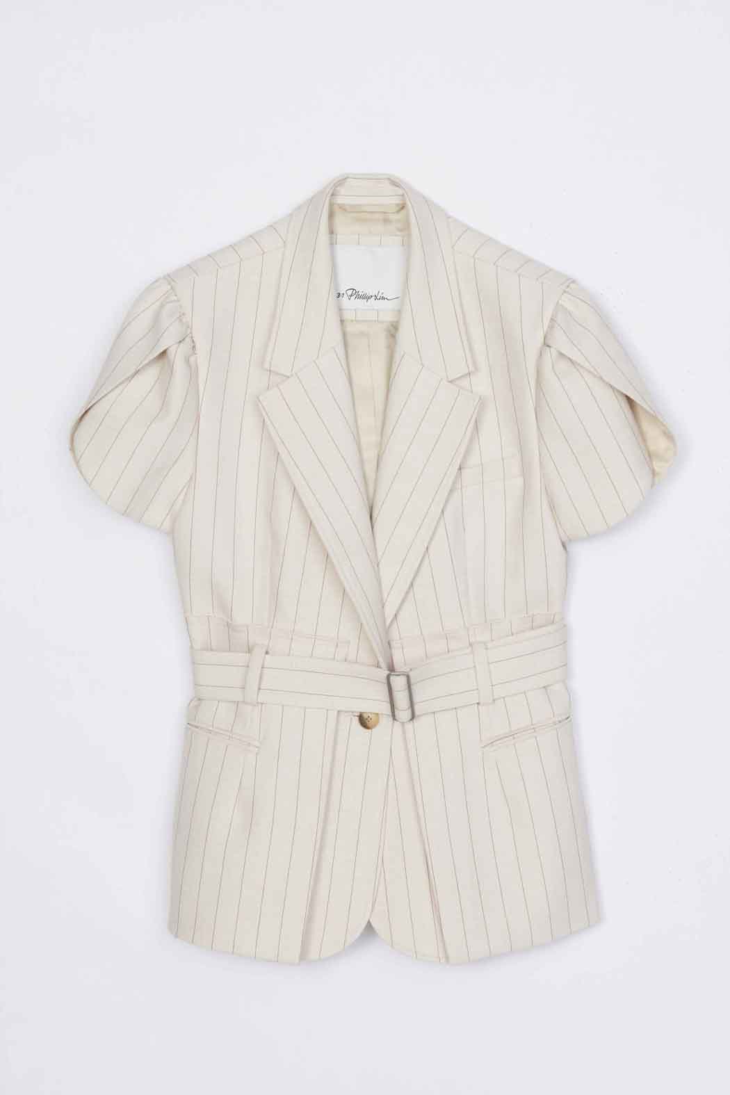 Pinstripe Tulip Sleeve Blazer Ecru-Tan
