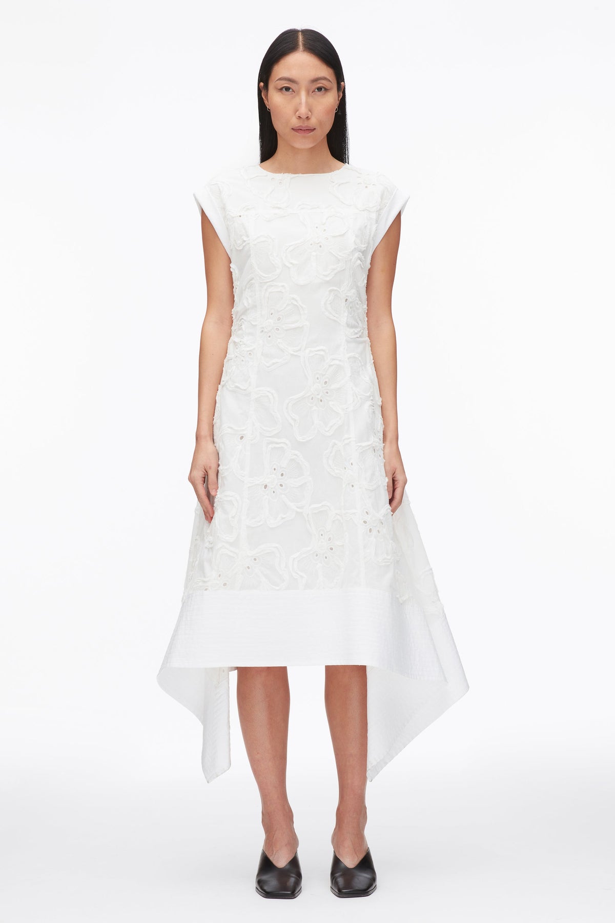 Embroidered Belted Midi Dress with Handkerchief Hem White