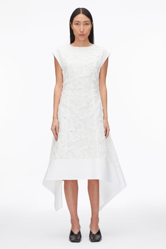 Embroidered Belted Midi Dress with Handkerchief Hem White