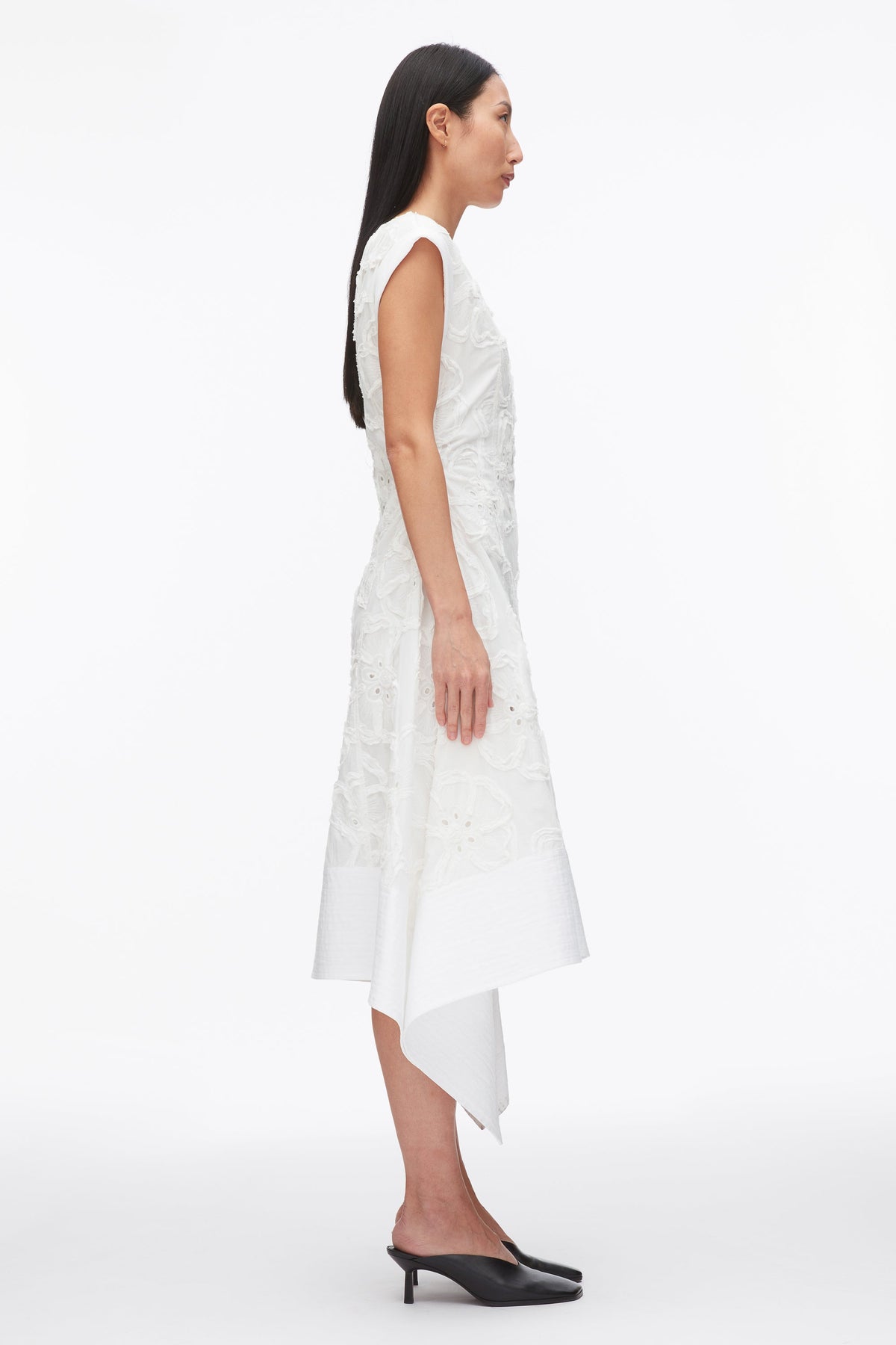 Embroidered Belted Midi Dress with Handkerchief Hem White
