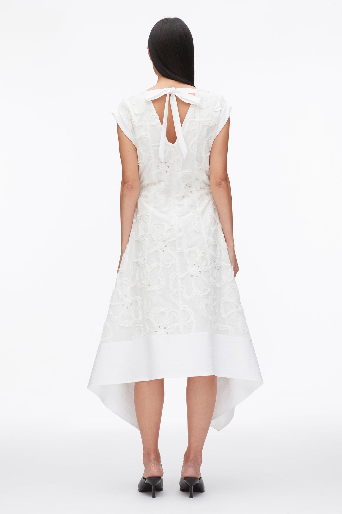 Embroidered Belted Midi Dress with Handkerchief Hem White
