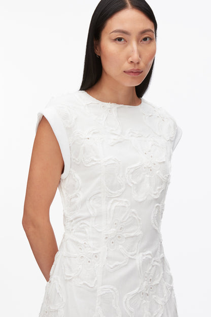 Embroidered Belted Midi Dress with Handkerchief Hem White