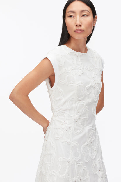 Embroidered Belted Midi Dress with Handkerchief Hem White