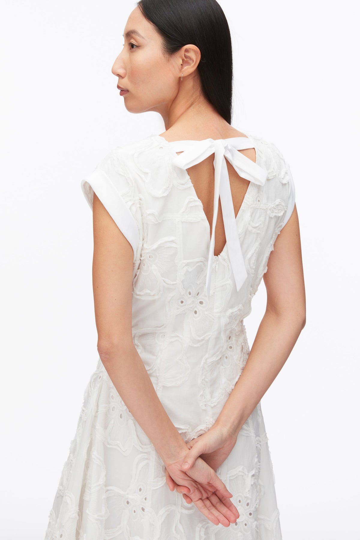 Embroidered Belted Midi Dress with Handkerchief Hem White