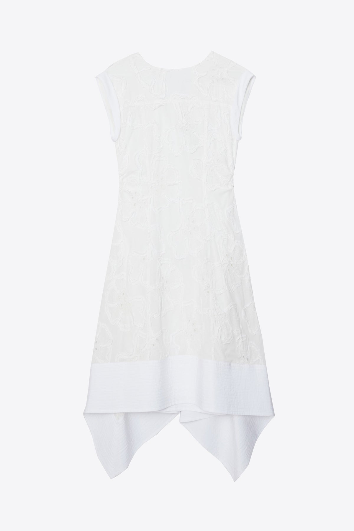 Embroidered Belted Midi Dress with Handkerchief Hem White