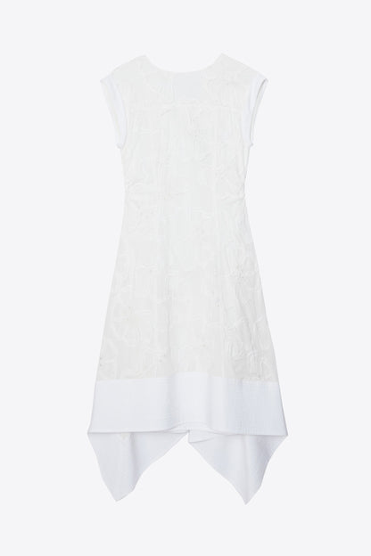 Embroidered Belted Midi Dress with Handkerchief Hem White