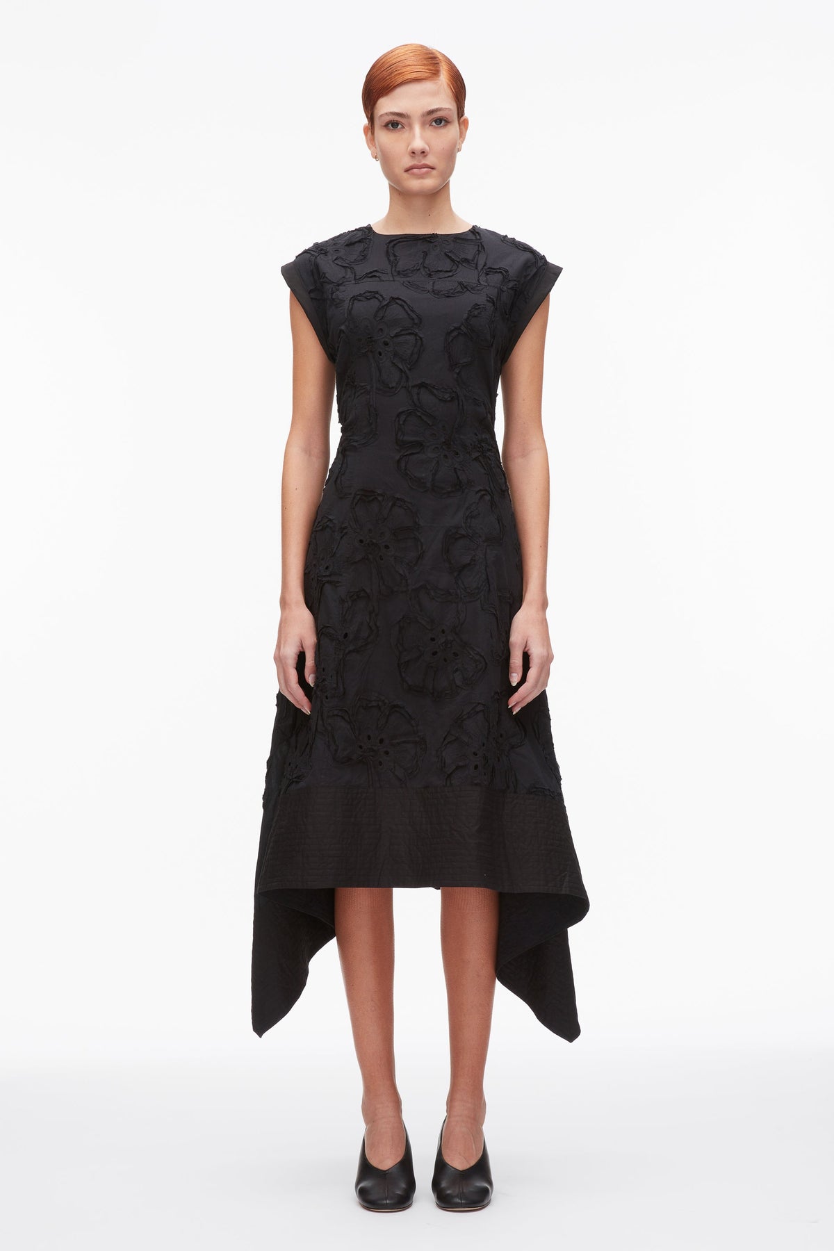 Embroidered Belted Midi Dress with Handkerchief Hem Black