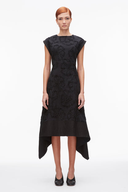 Embroidered Belted Midi Dress with Handkerchief Hem Black