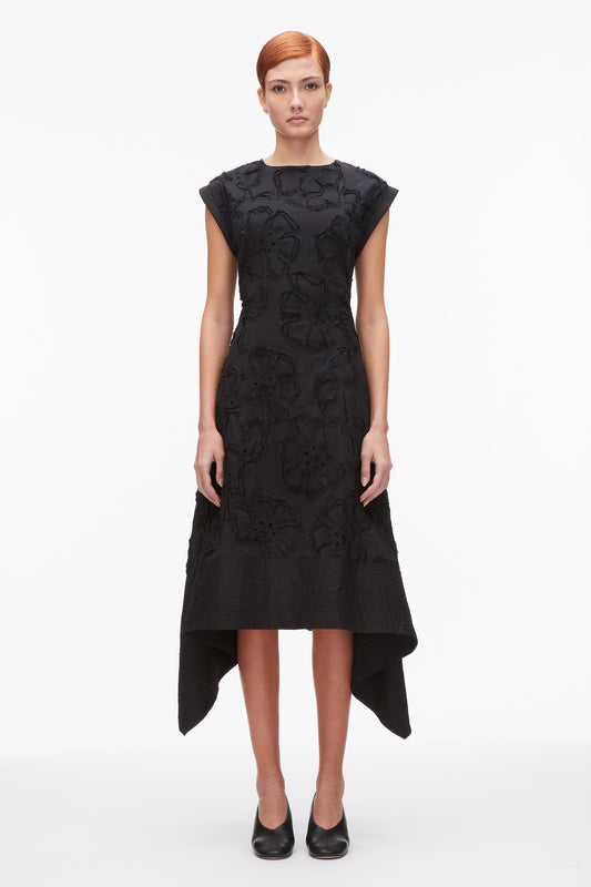 Embroidered Belted Midi Dress with Handkerchief Hem Black