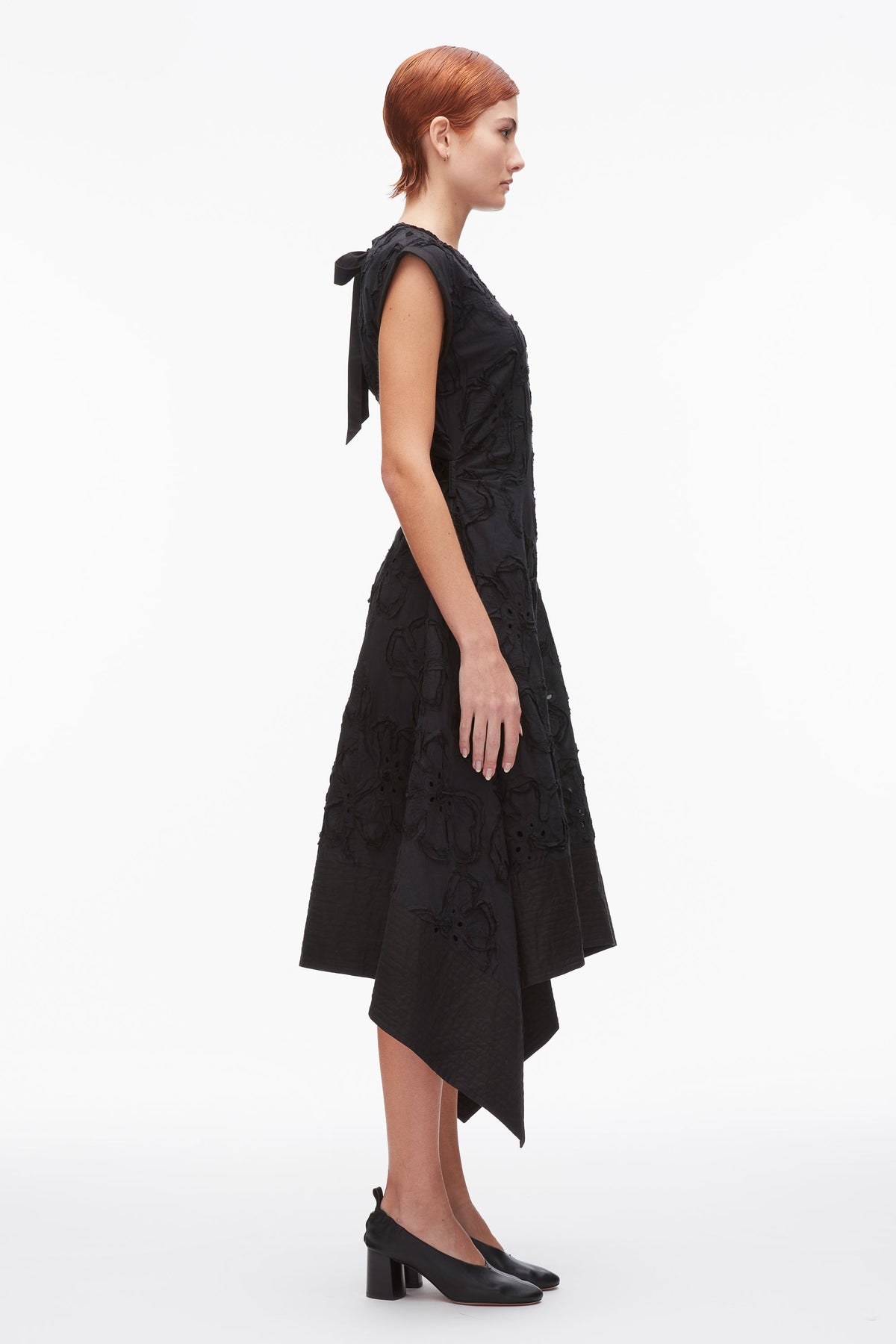 Embroidered Belted Midi Dress with Handkerchief Hem Black