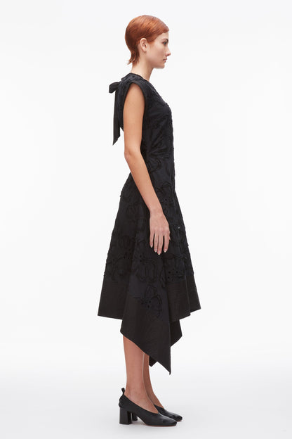 Embroidered Belted Midi Dress with Handkerchief Hem Black