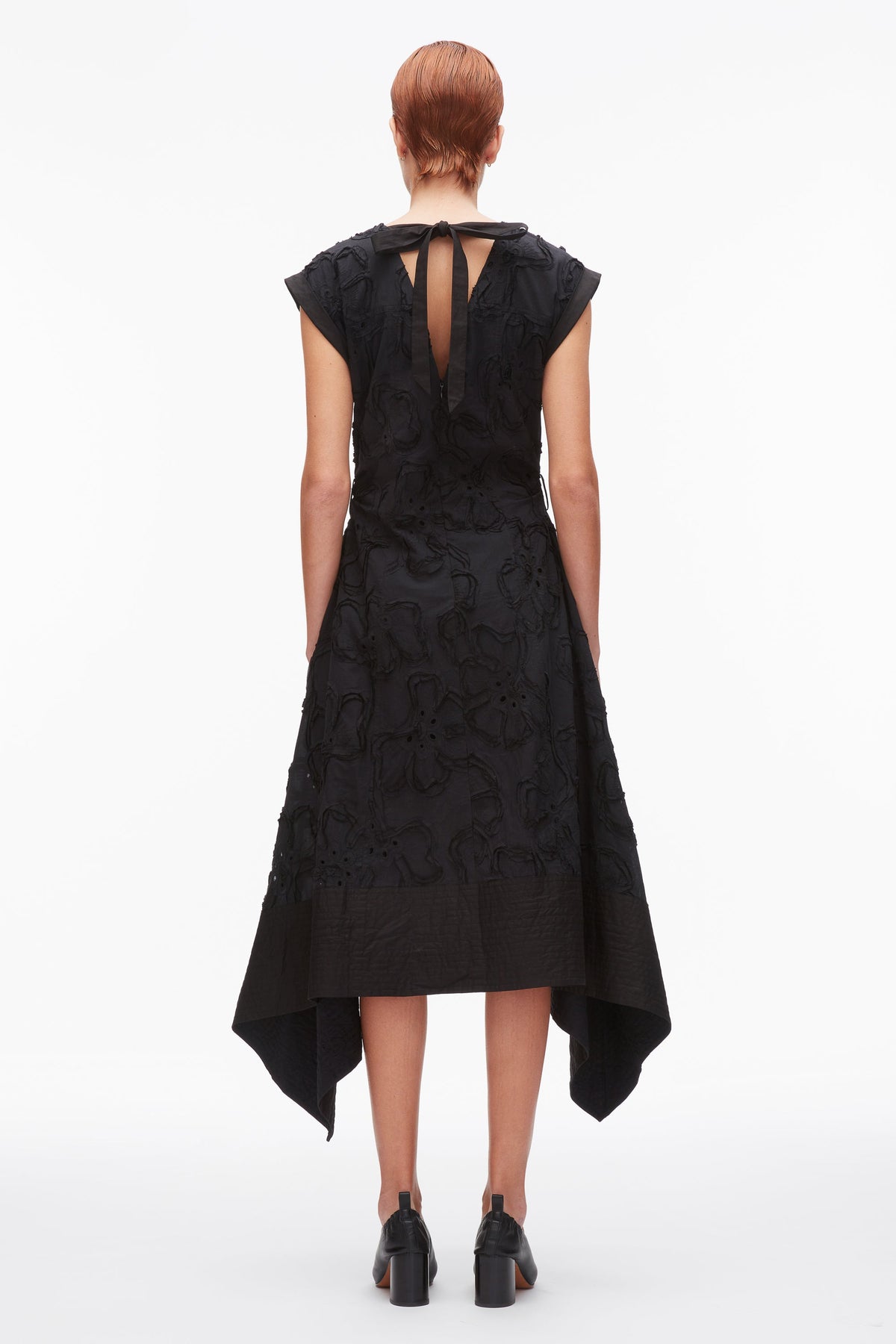 Embroidered Belted Midi Dress with Handkerchief Hem Black