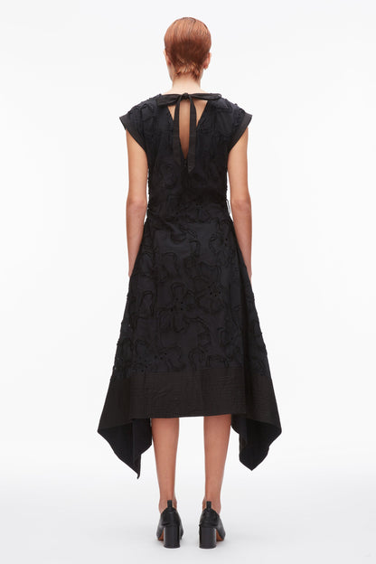 Embroidered Belted Midi Dress with Handkerchief Hem Black