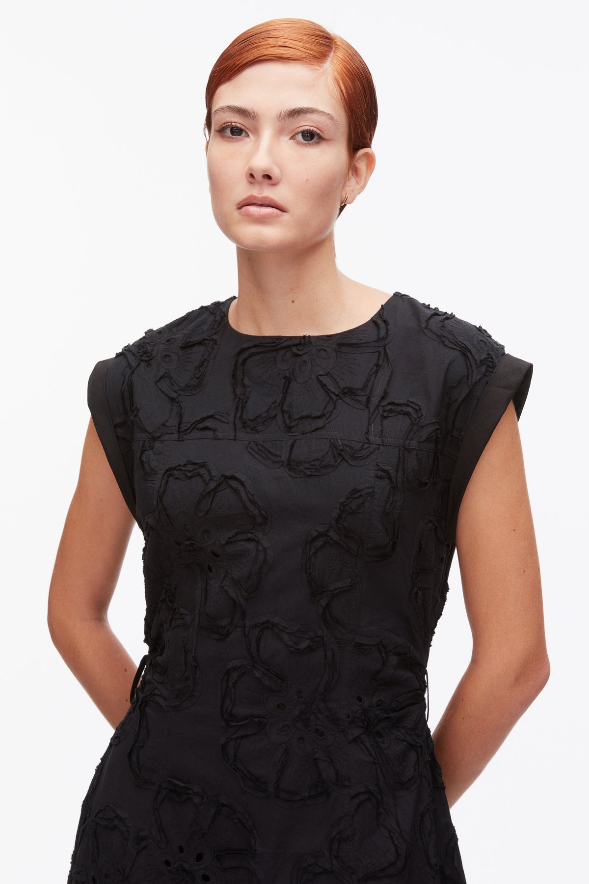 Embroidered Belted Midi Dress with Handkerchief Hem Black