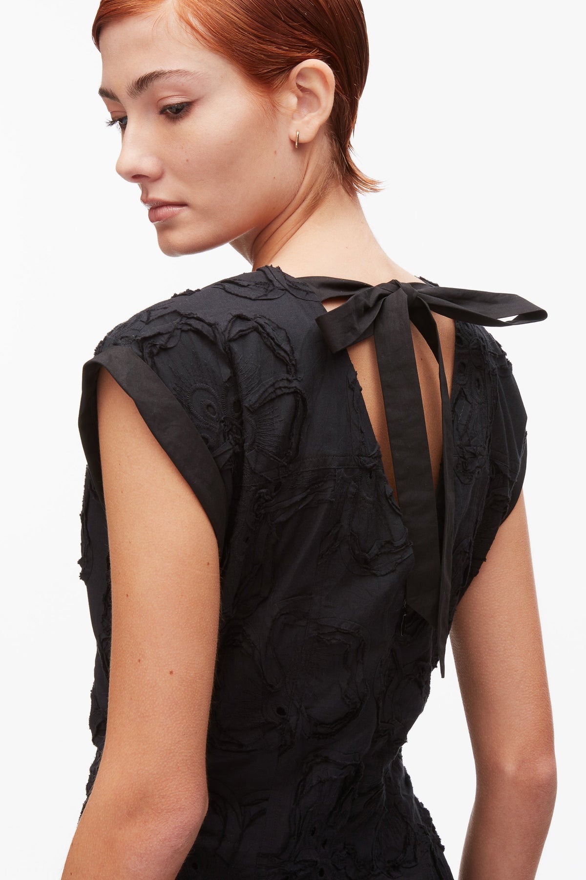 Embroidered Belted Midi Dress with Handkerchief Hem Black