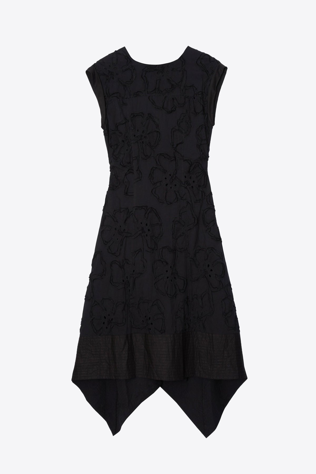 Embroidered Belted Midi Dress with Handkerchief Hem Black