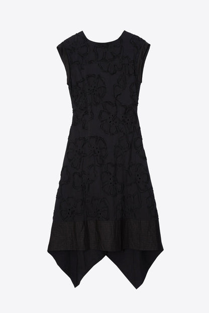 Embroidered Belted Midi Dress with Handkerchief Hem Black