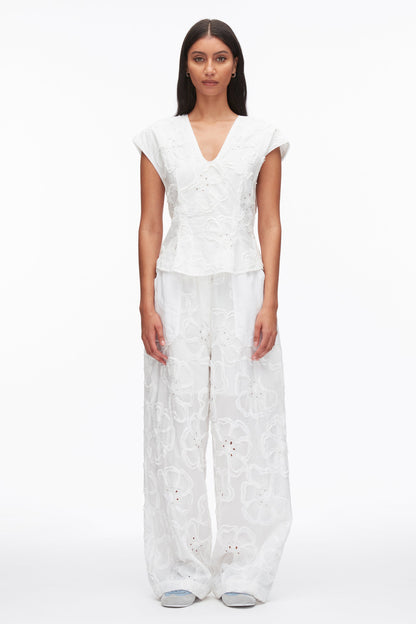 Embroidered Cap Sleeve Top White