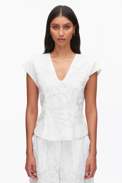 Embroidered Cap Sleeve Top White