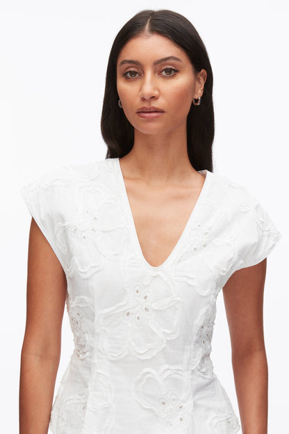 Embroidered Cap Sleeve Top White