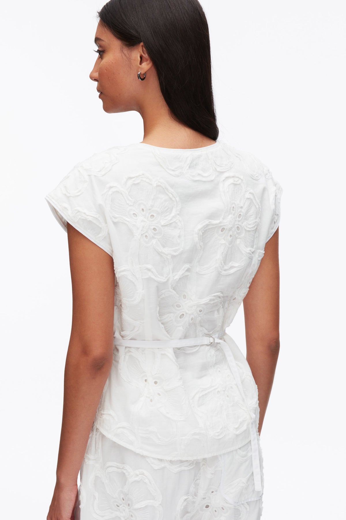 Embroidered Cap Sleeve Top White