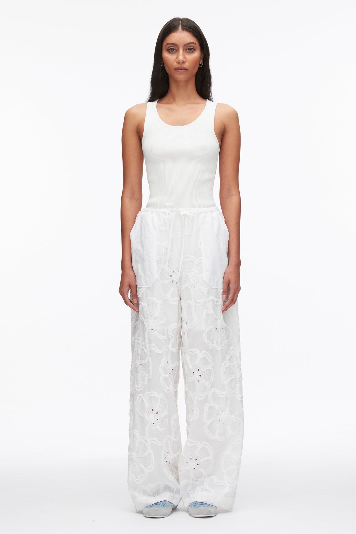 Embroidered Straight Leg Pull On Pants White