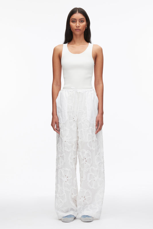 Embroidered Straight Leg Pull On Pants White