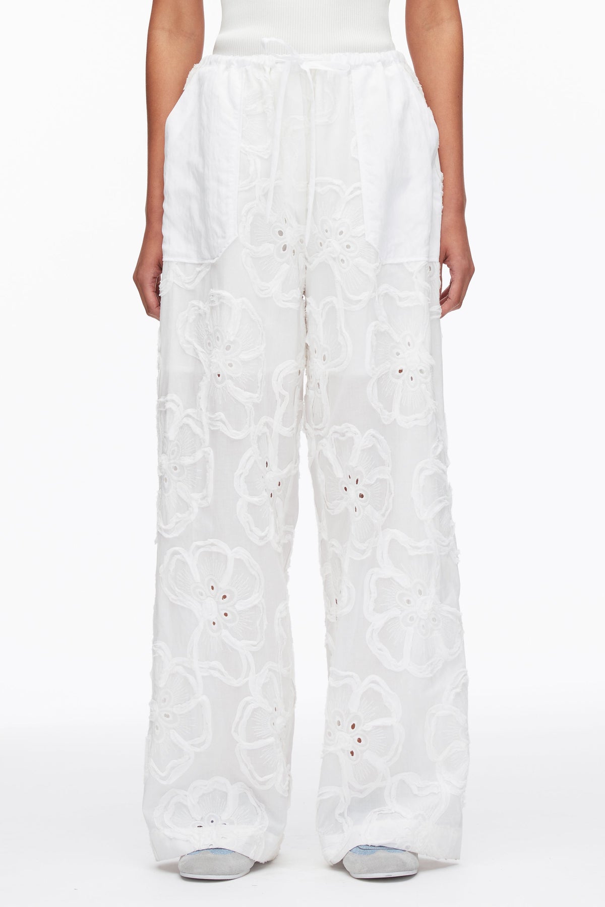 Embroidered Straight Leg Pull On Pants White