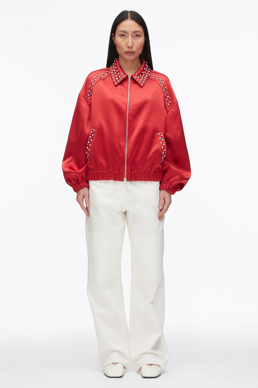 Embellished Structured Satin Jacket Chili