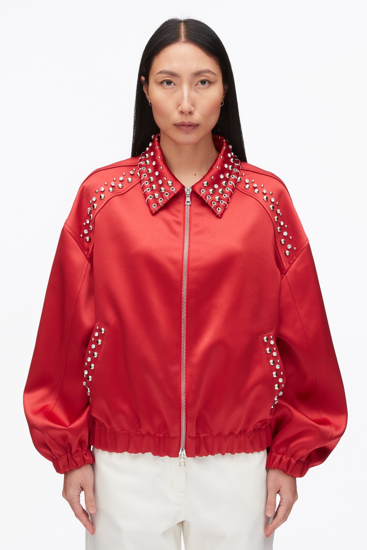 Embellished Structured Satin Jacket Chili