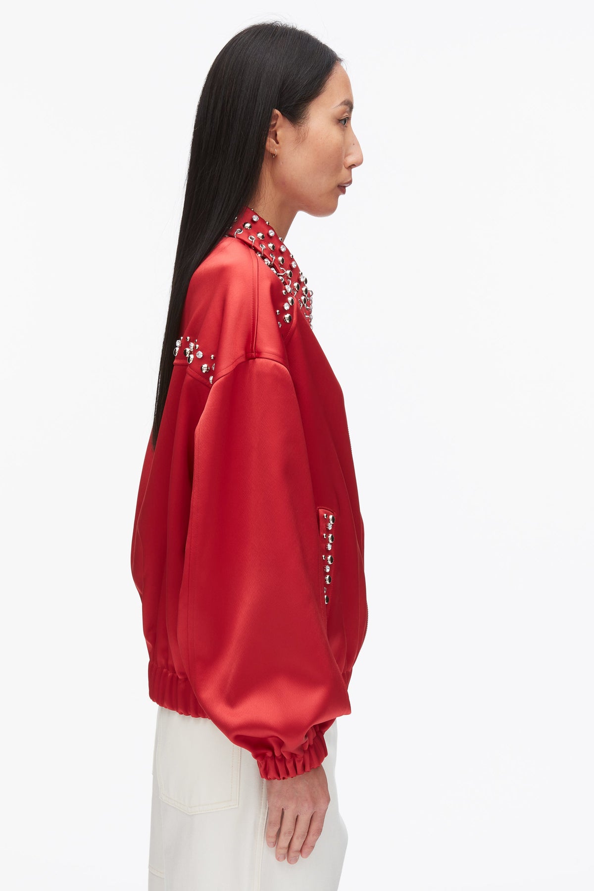 Embellished Structured Satin Jacket Chili