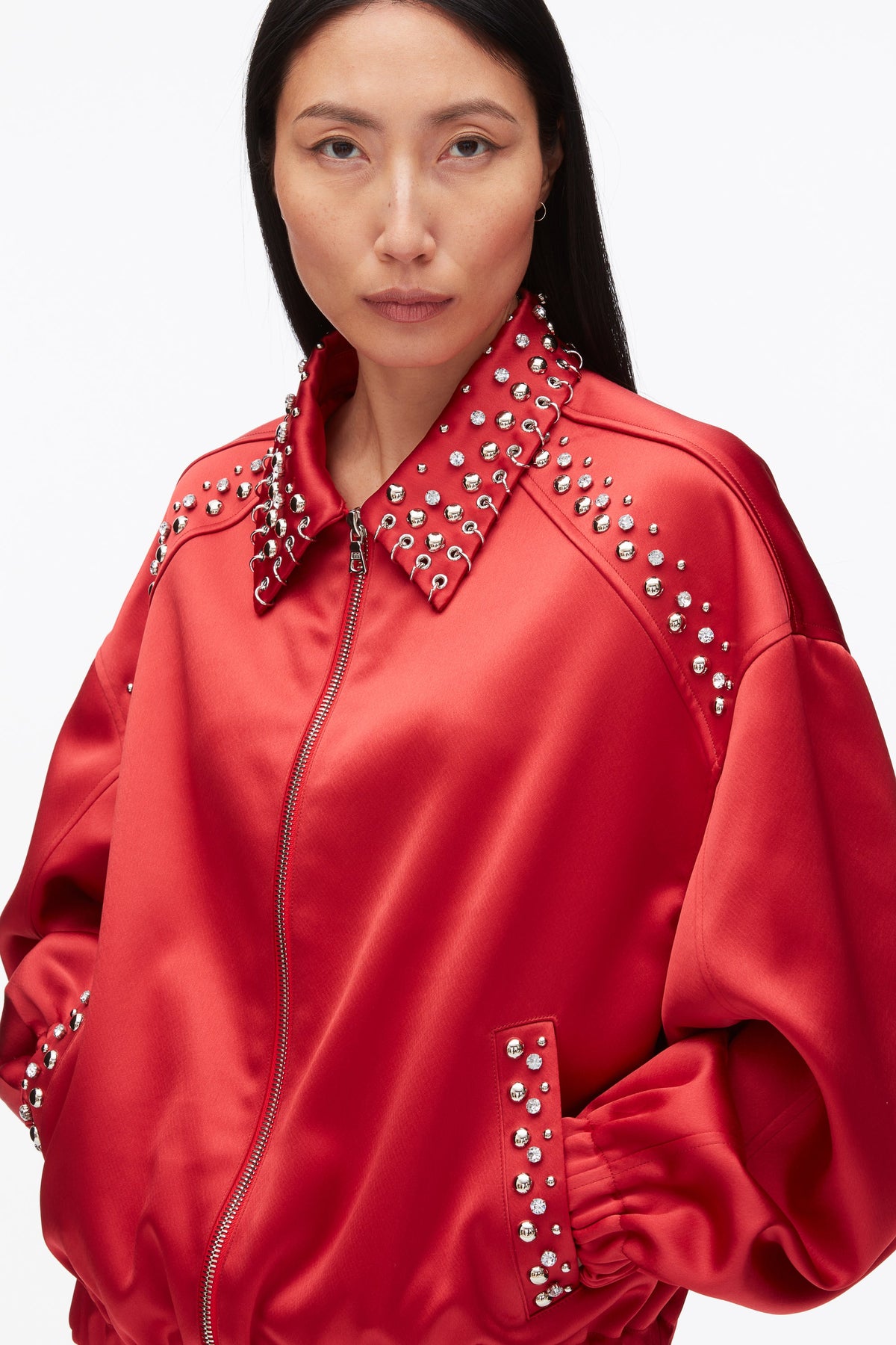 Embellished Structured Satin Jacket Chili