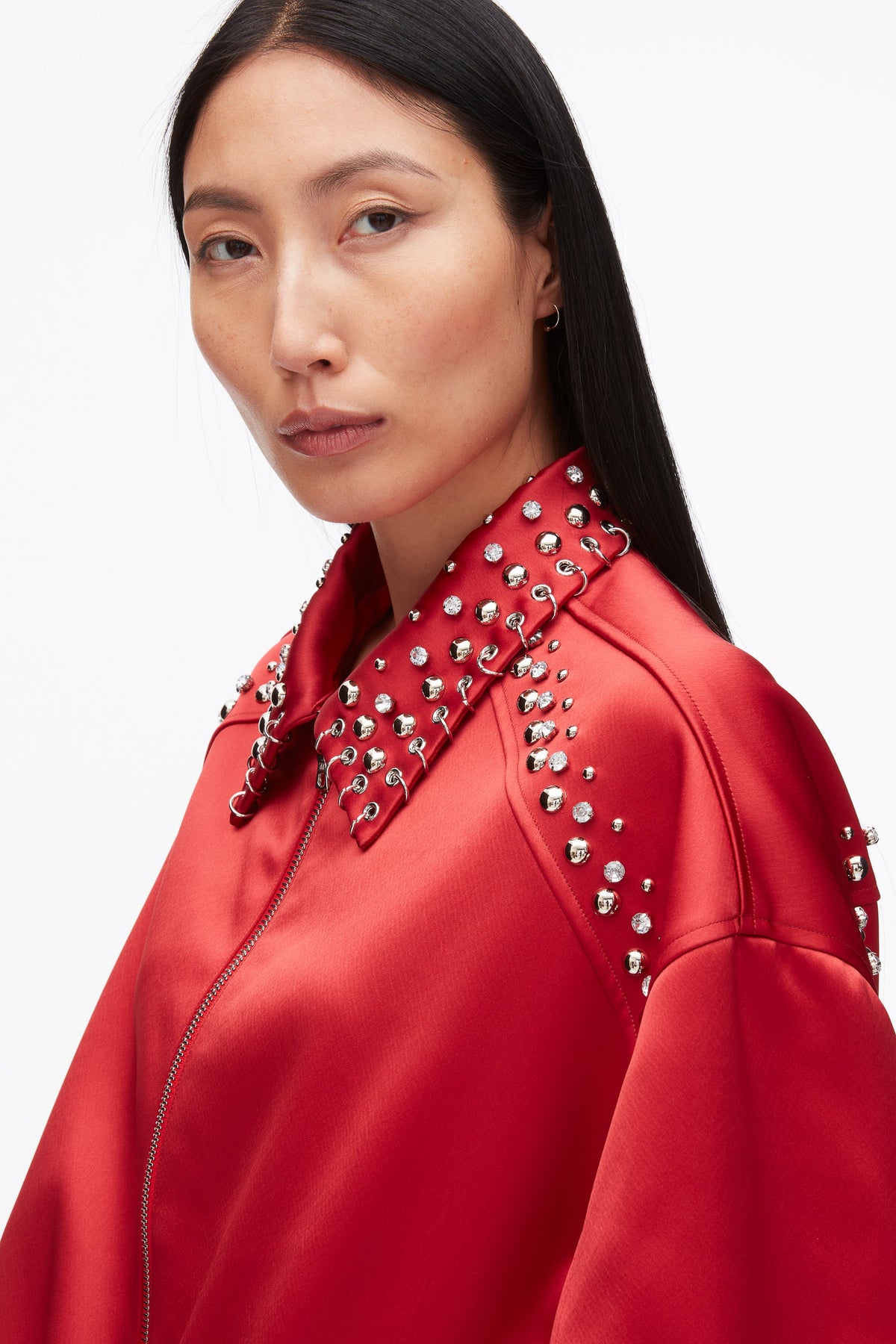Embellished Structured Satin Jacket Chili