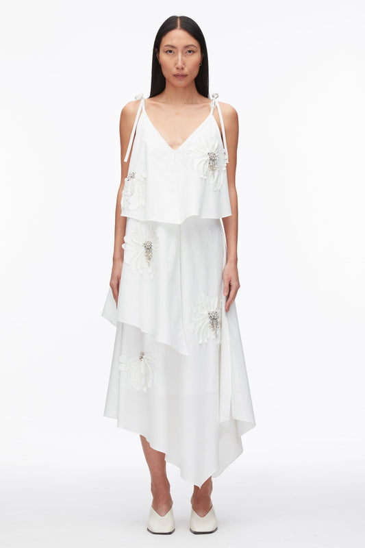 Layered Midi Dress with Floral Appliqué White