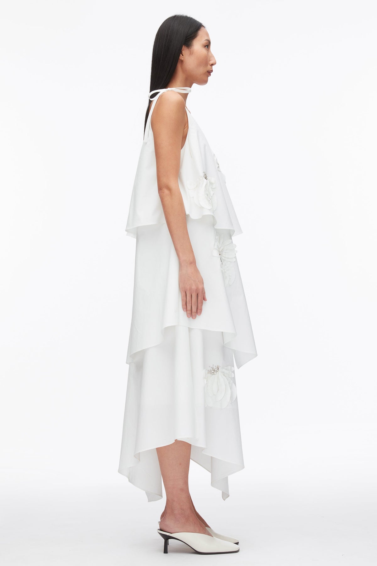 Layered Midi Dress with Floral Appliqué White