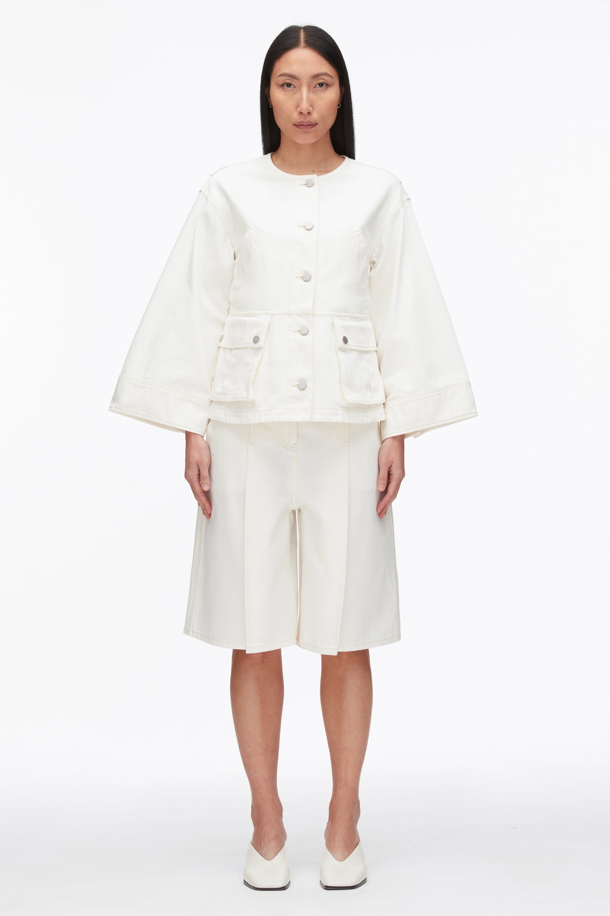 Collarless Trapeze Denim Jacket Tofu