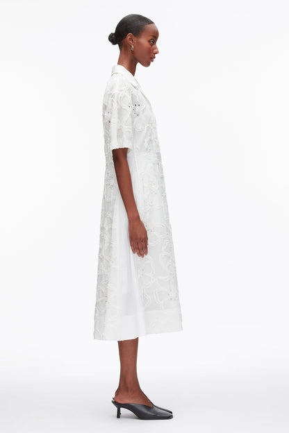 Embroidered Midi Shirt Dress White