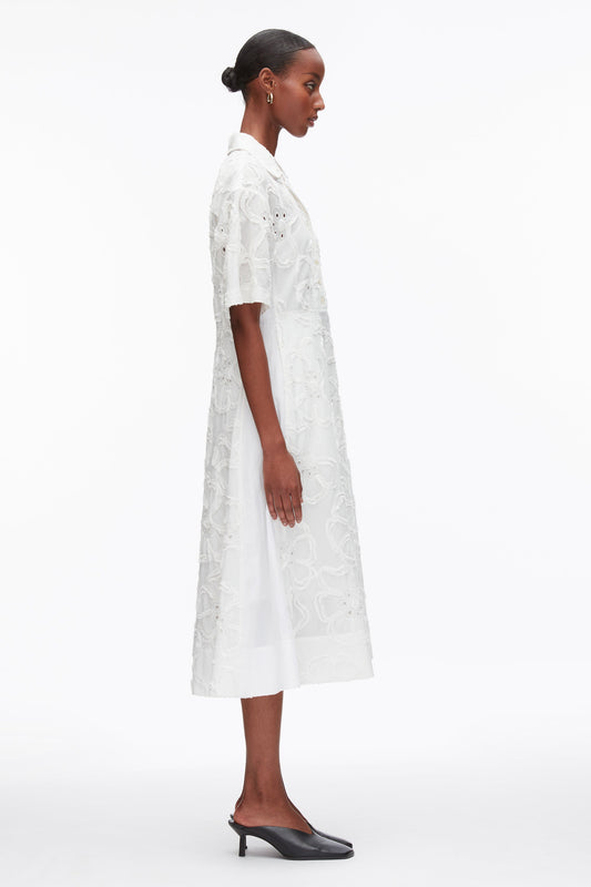 Embroidered Midi Shirt Dress White