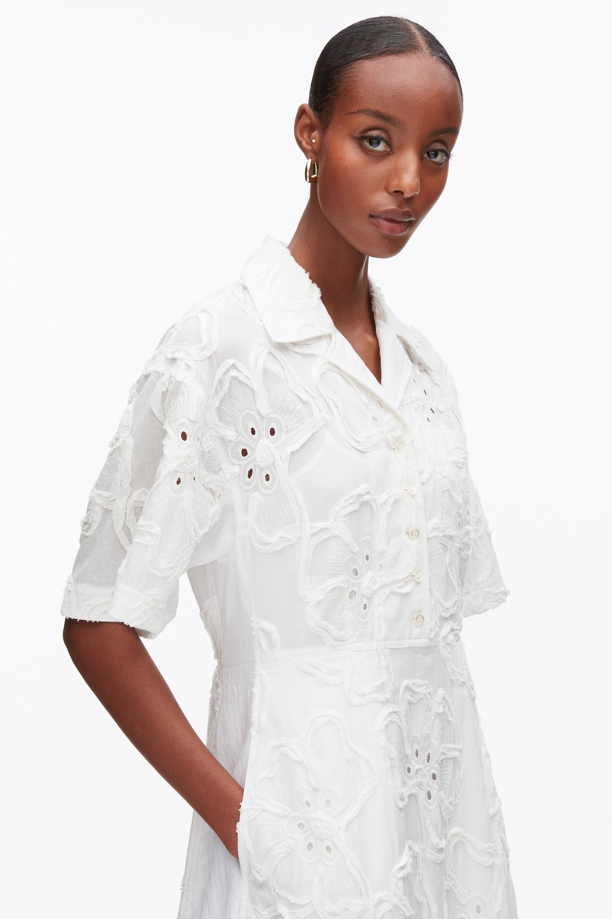Embroidered Midi Shirt Dress White