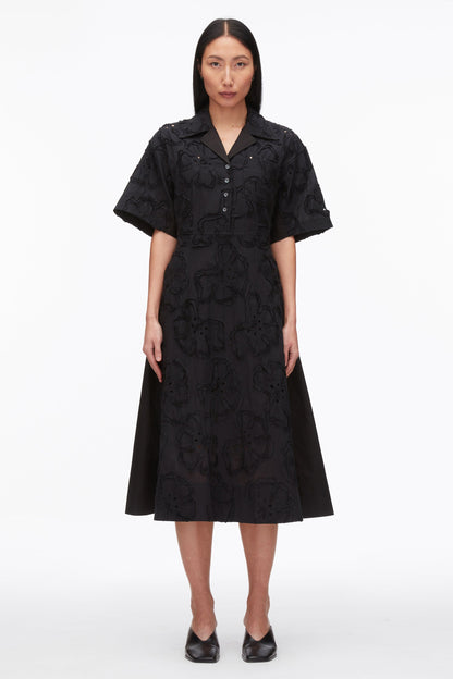 Embroidered Midi Shirt Dress Black